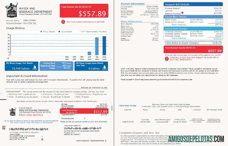 em branco Modelo de conta de serviços públicos do Departamento de Água e Esgoto de Detroit dos EUA em formatos Word e PDF, 2 páginas, versão 3